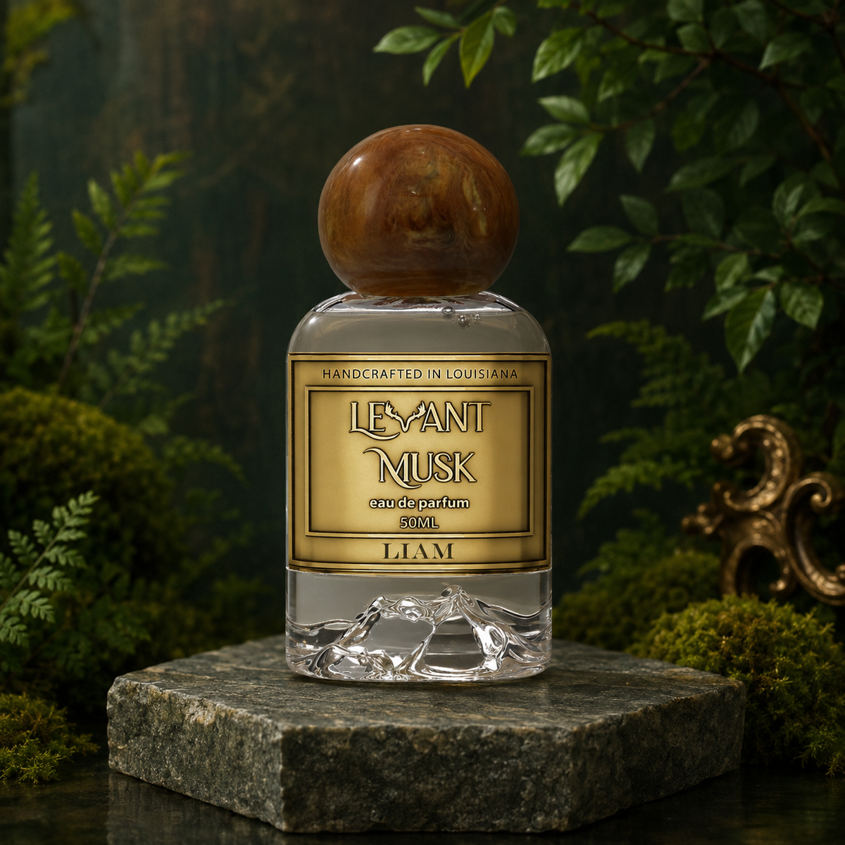 Levant Musk Liam perfume bottle styled with notes of rum, shaving soap accord, and ambroxan.