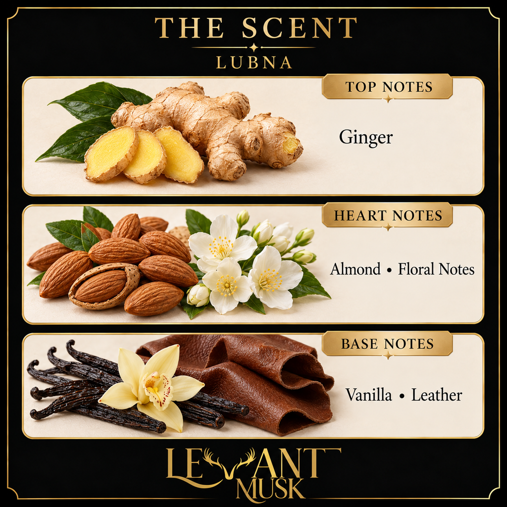 LUBNA scent notes: Ginger; Almond and Floral Notes; Vanilla and Leather
