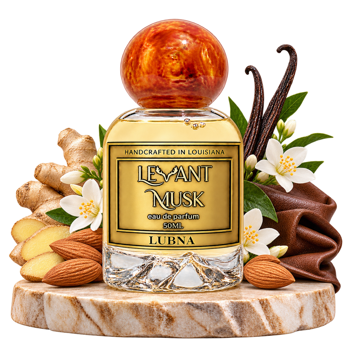 LUBNA by Levant Musk with ginger, almond, floral, vanilla and leather scent-note imagery