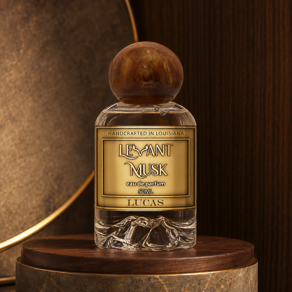 Levant Musk Lucas perfume bottle styled with notes of rum, dried fruits, and atlas cedar.