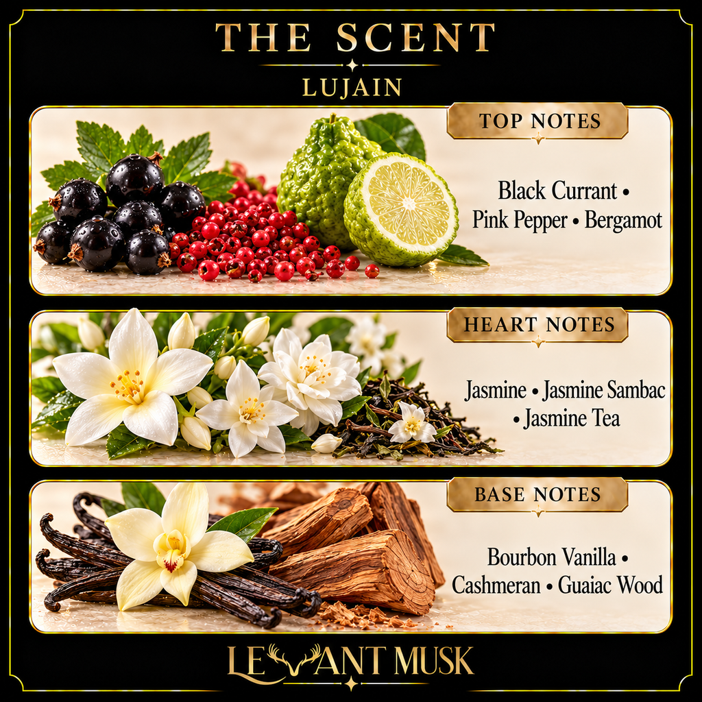 LUJAIN scent notes: top black currant, pink pepper and bergamot; heart jasmine, jasmine sambac and jasmine tea; base bourbon vanilla, cashmeran and guaiac wood