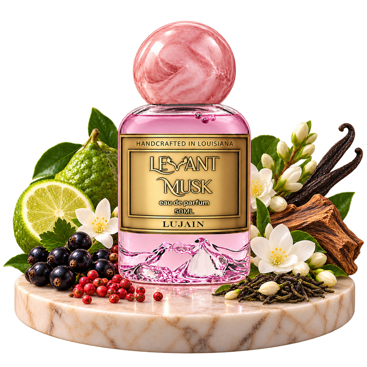 LUJAIN bottle with black currant, pink pepper, bergamot, jasmine, tea, vanilla and woody note imagery on a transparent background
