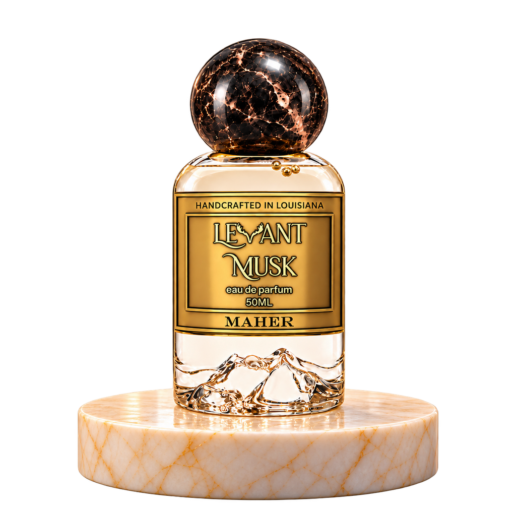 MAHER Levant Musk 50 mL perfume bottle on a marble plinth, transparent background.
