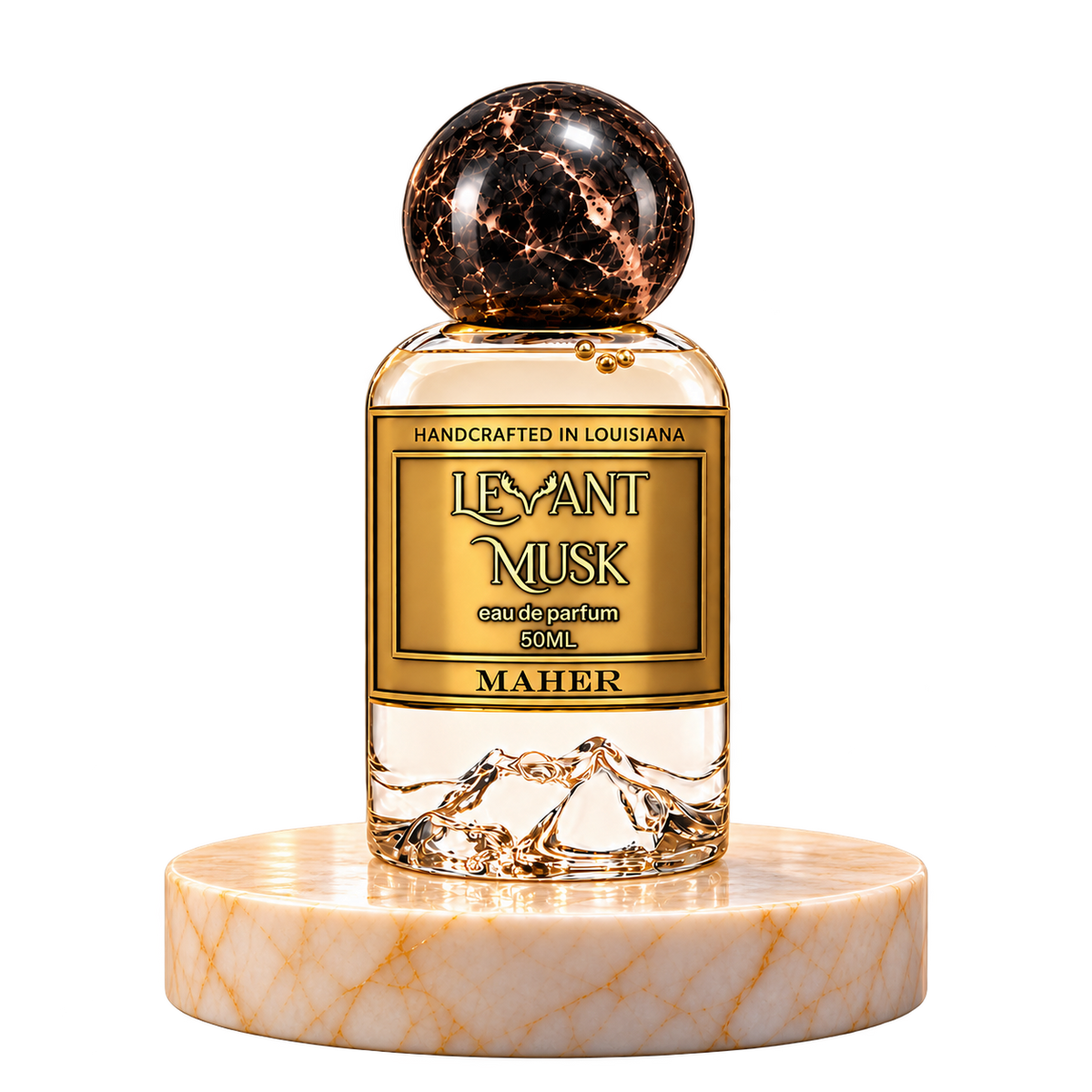 MAHER Levant Musk 50 mL perfume bottle on a marble plinth, transparent background.