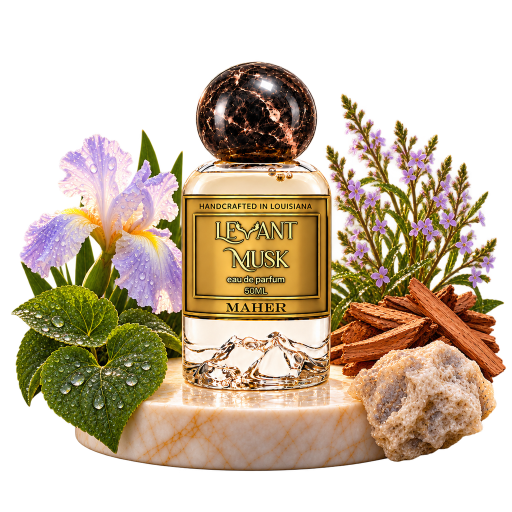 MAHER perfume bottle with iris, vervain, violet leaf, sandalwood and ambergris, transparent background.
