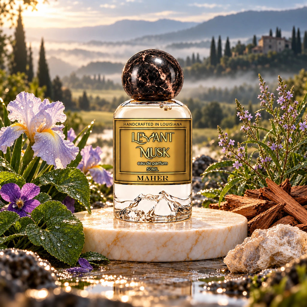 MAHER by Levant Musk, atmospheric product image with iris, vervain, violet leaf, sandalwood and ambergris.