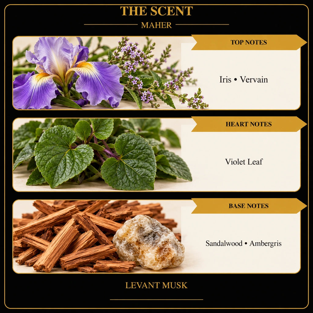 MAHER scent notes: top Iris and Vervain; heart Violet Leaf; base Sandalwood and Ambergris.