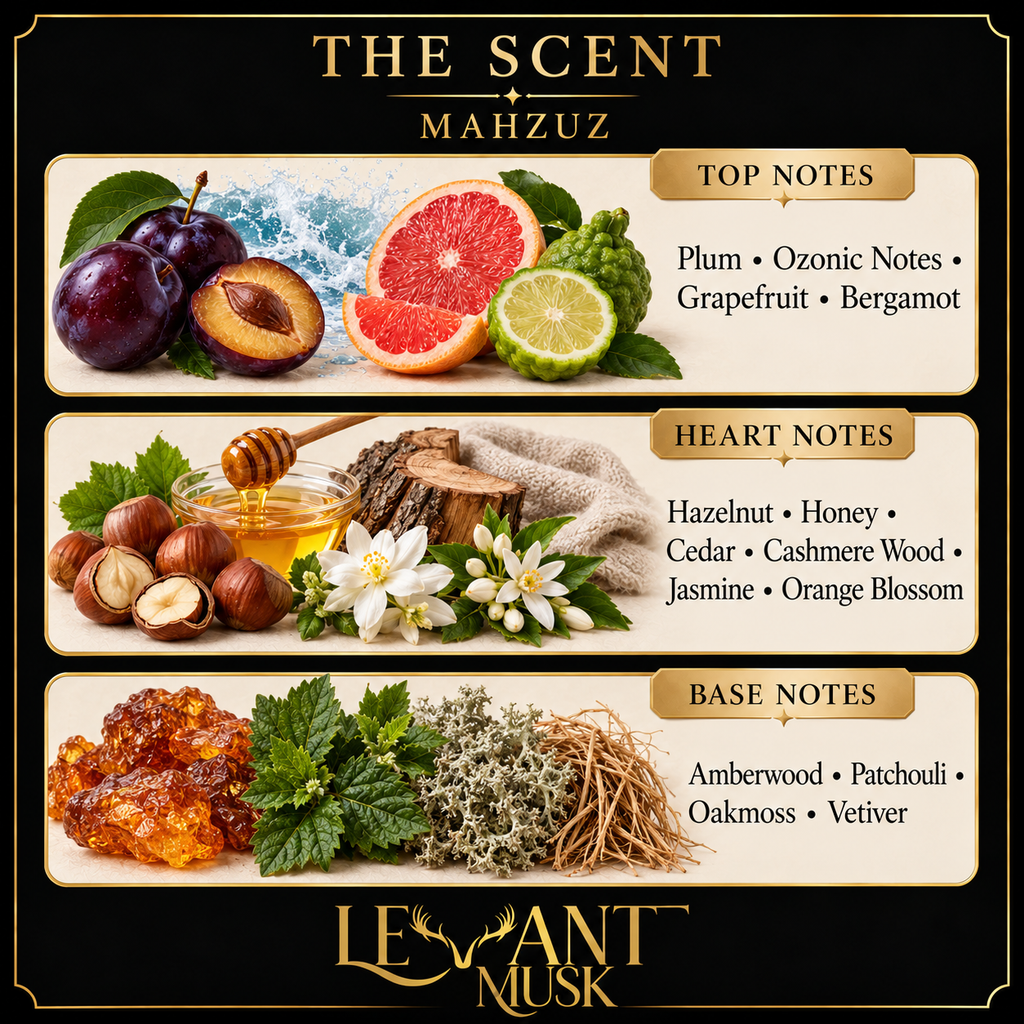 MAHZUZ fragrance notes. Top: Plum; ozonic notes; grapefruit; bergamot. Heart: Hazelnut; honey; cedar; cashmere wood; jasmine; orange blossom. Base: Amberwood; patchouli; oakmoss; vetiver.