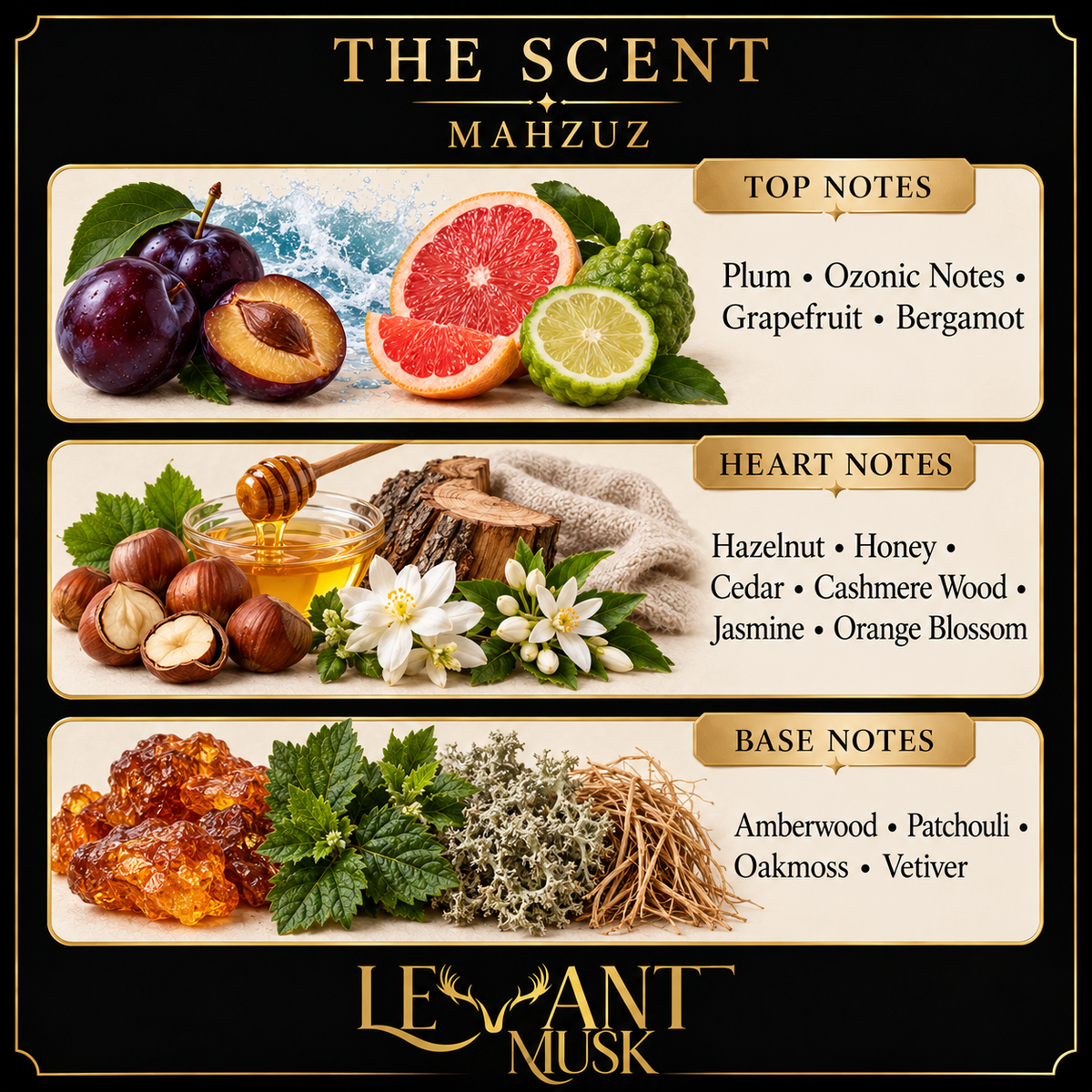 MAHZUZ fragrance notes. Top: Plum; ozonic notes; grapefruit; bergamot. Heart: Hazelnut; honey; cedar; cashmere wood; jasmine; orange blossom. Base: Amberwood; patchouli; oakmoss; vetiver.