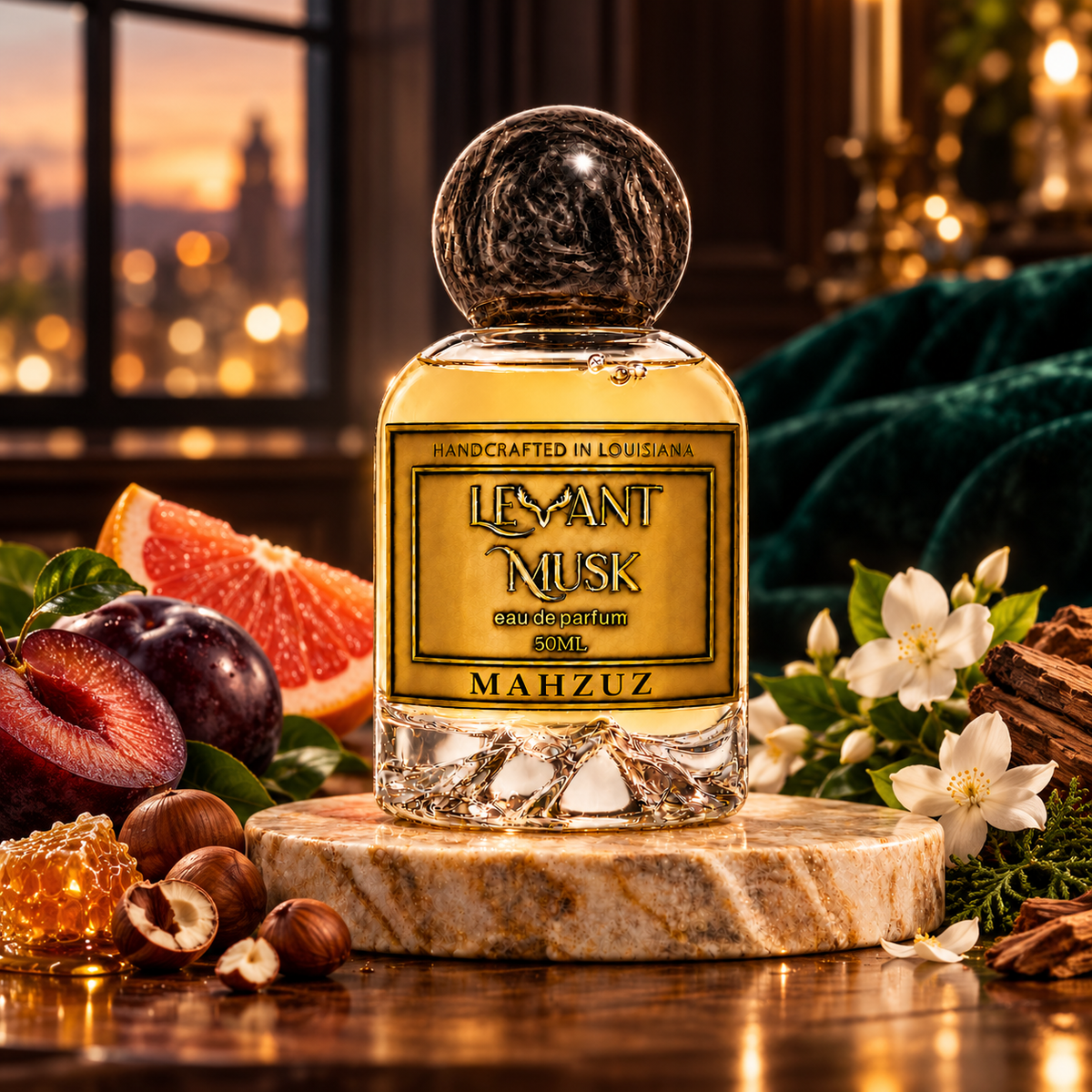 MAHZUZ by Levant Musk in a cinematic fragrance setting