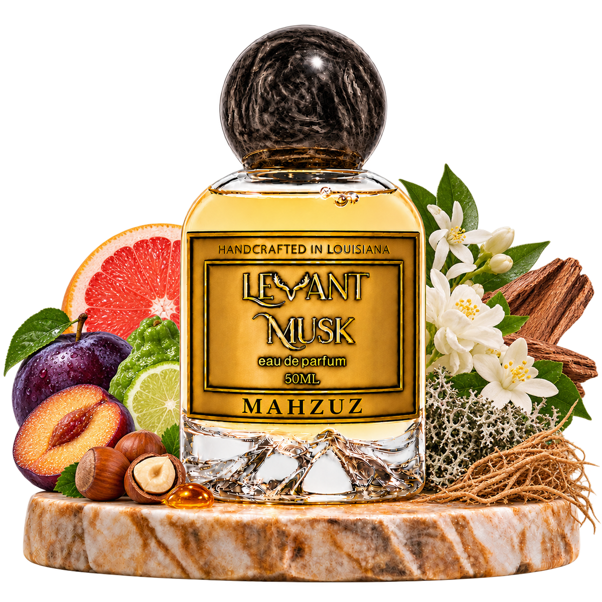 MAHZUZ by Levant Musk with fragrance-note botanicals on a marble pedestal, transparent background