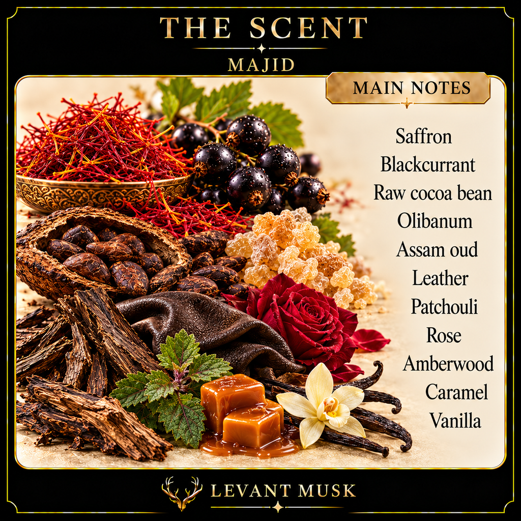 MAJID by Levant Musk main notes: Saffron; blackcurrant; raw cocoa bean; olibanum; Assam oud; leather; patchouli; rose; amberwood; caramel; vanilla.