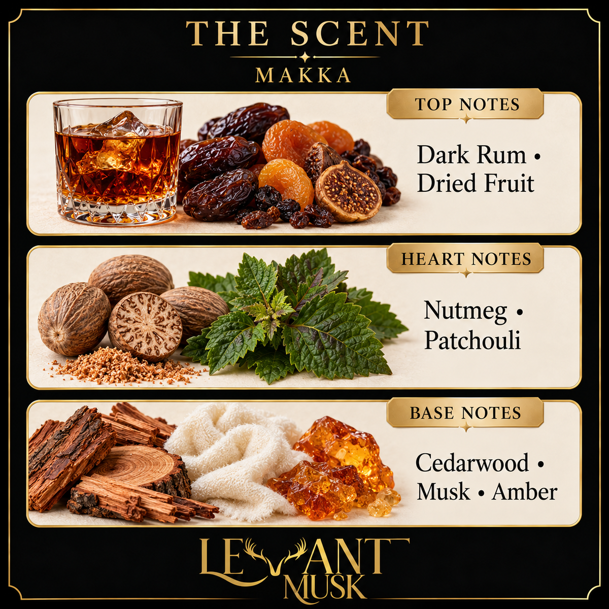 MAKKA scent notes. top: Dark Rum, Dried Fruit; heart: Nutmeg, Patchouli; base: Cedarwood, Musk, Amber