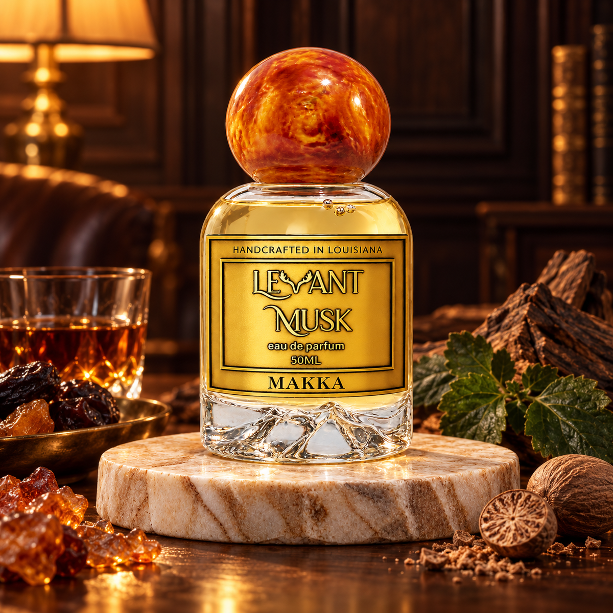 MAKKA by Levant Musk in a cinematic setting with fragrance-note accents
