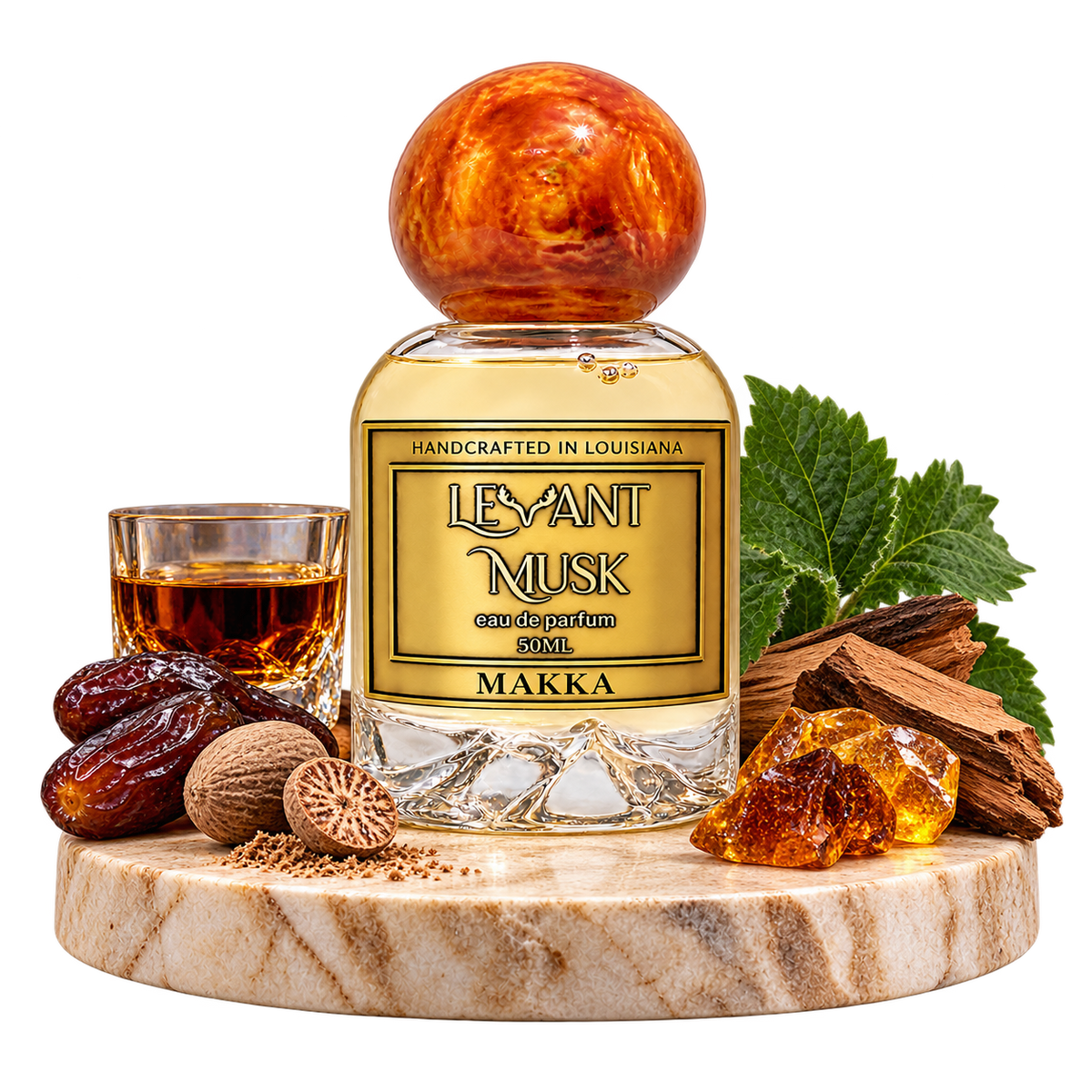 MAKKA by Levant Musk with fragrance-note ingredients surrounding the bottle