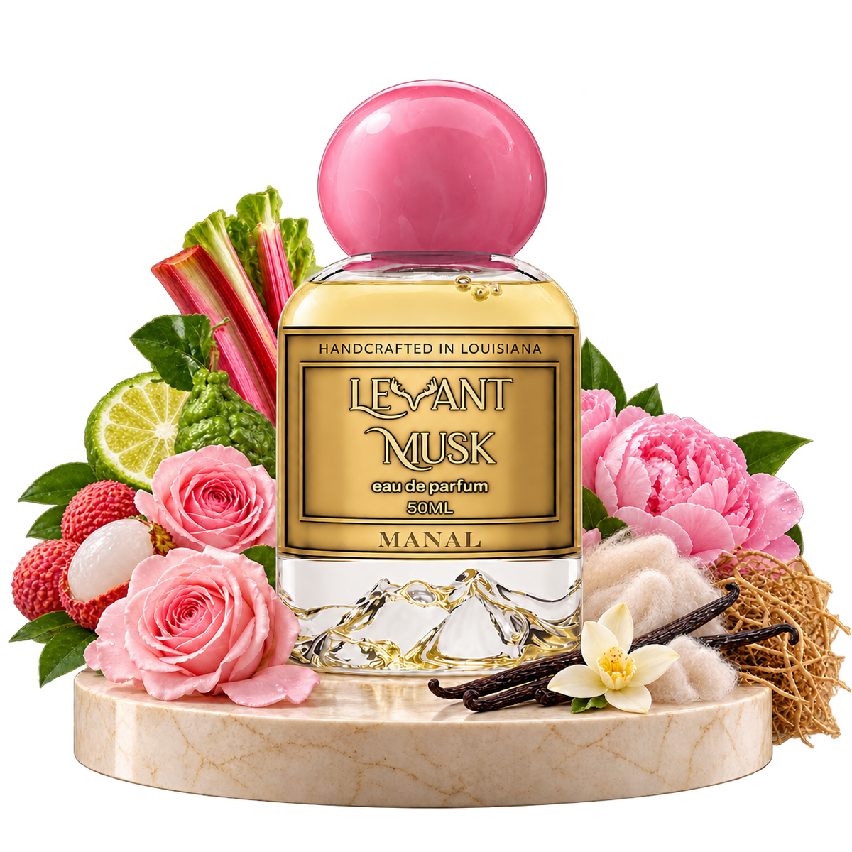 MANAL by Levant Musk bottle with notes on a transparent background: bergamot, lychee, rhubarb; Damascena rose, peony, vanilla, musk; cashmeran and vetiver.