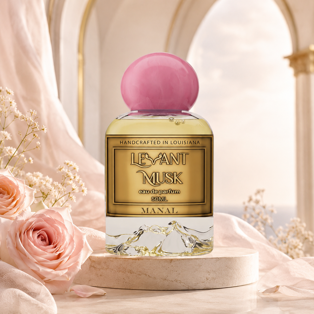 Levant Musk Manal perfume bottle styled with notes of bergamot, damascena rose, and vanilla.