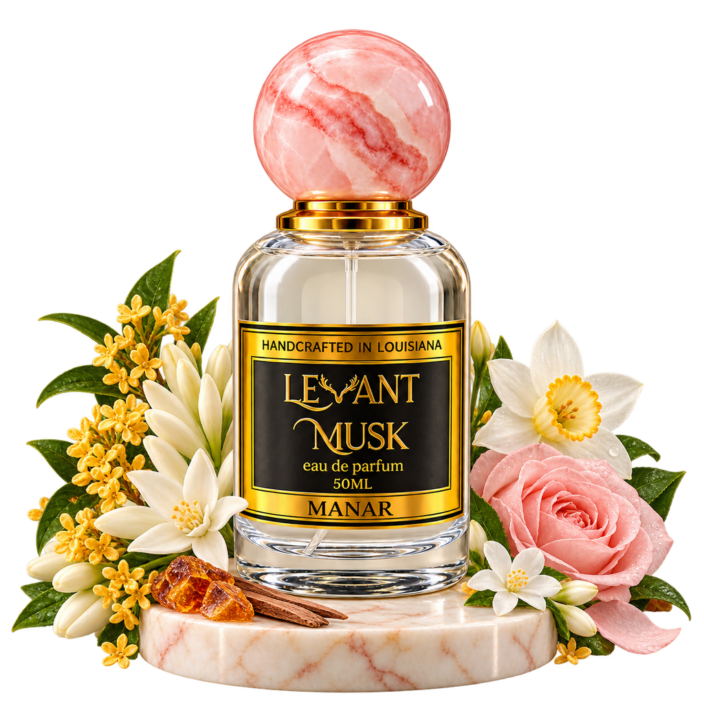 MANAR by Levant Musk surrounded by selected scent-note illustrations, transparent background.