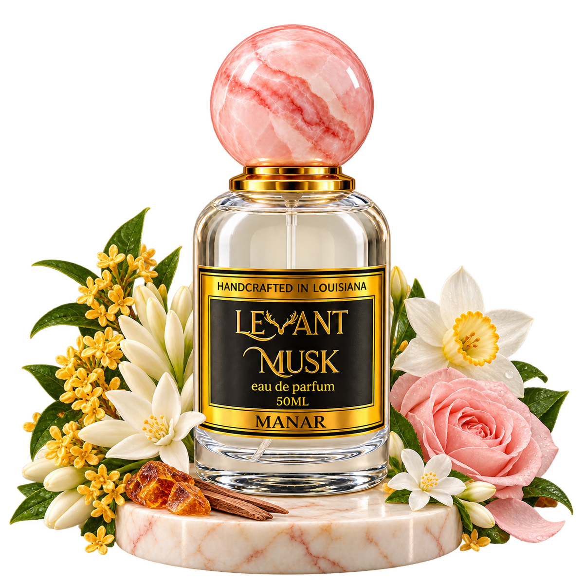 MANAR by Levant Musk surrounded by selected scent-note illustrations, transparent background.