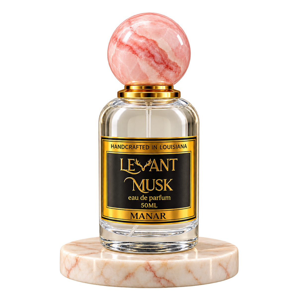 MANAR by Levant Musk, 50 mL eau de parfum with a pink marble cap on a cream marble plinth, transparent background.