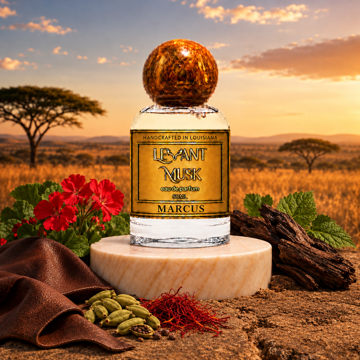 MARCUS by Levant Musk fragrance scene: cardamom, saffron, geranium; patchouli; oud and leather.