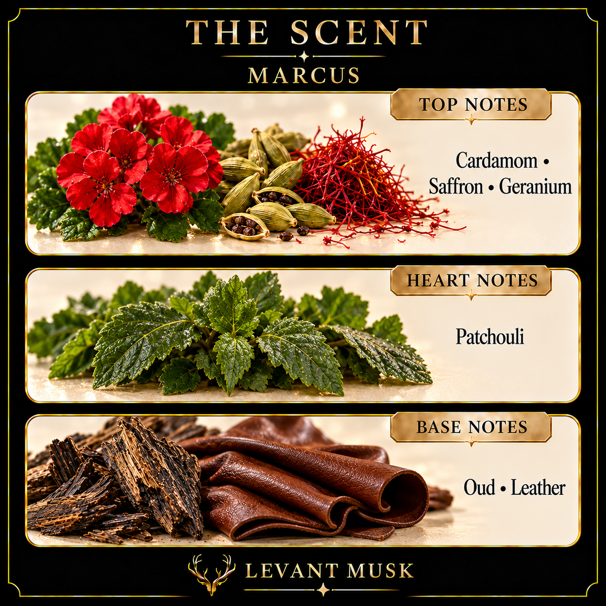 MARCUS by Levant Musk scent notes: cardamom, saffron, geranium; patchouli; oud and leather.