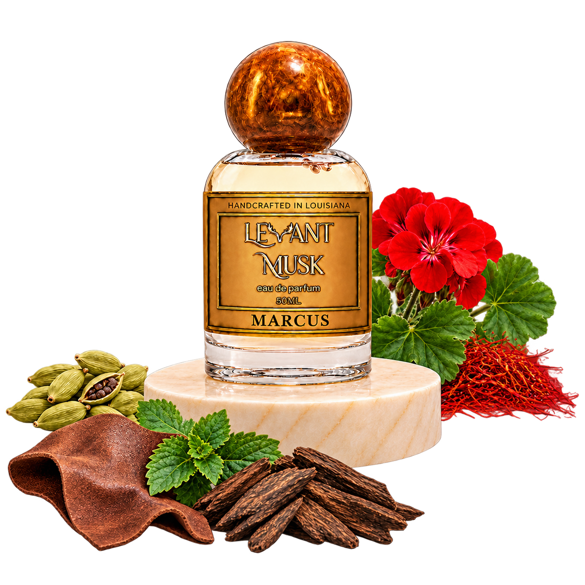MARCUS by Levant Musk bottle with notes on a transparent background: cardamom, saffron, geranium; patchouli; oud and leather.