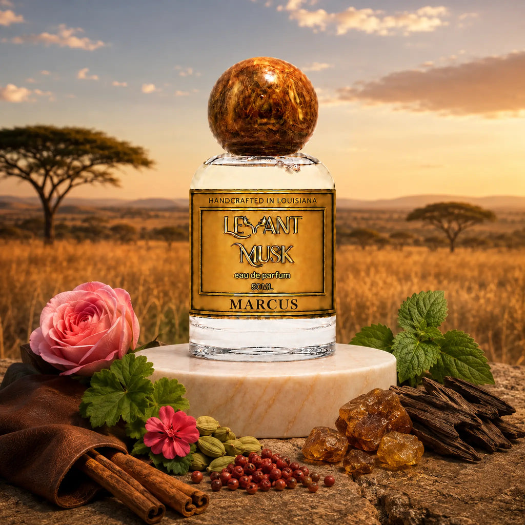 A 50 ML bottle of Marcus eau de parfum by Levant Musk arranged with visuals of notes.