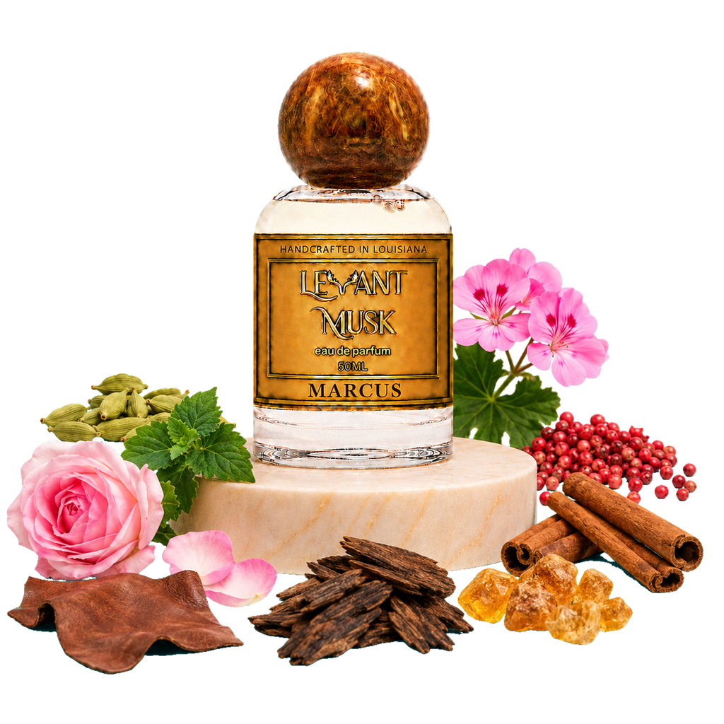 Marcus, eau de parfum by Levant Musk arranged on a marble slab with visuals of scent notes.
