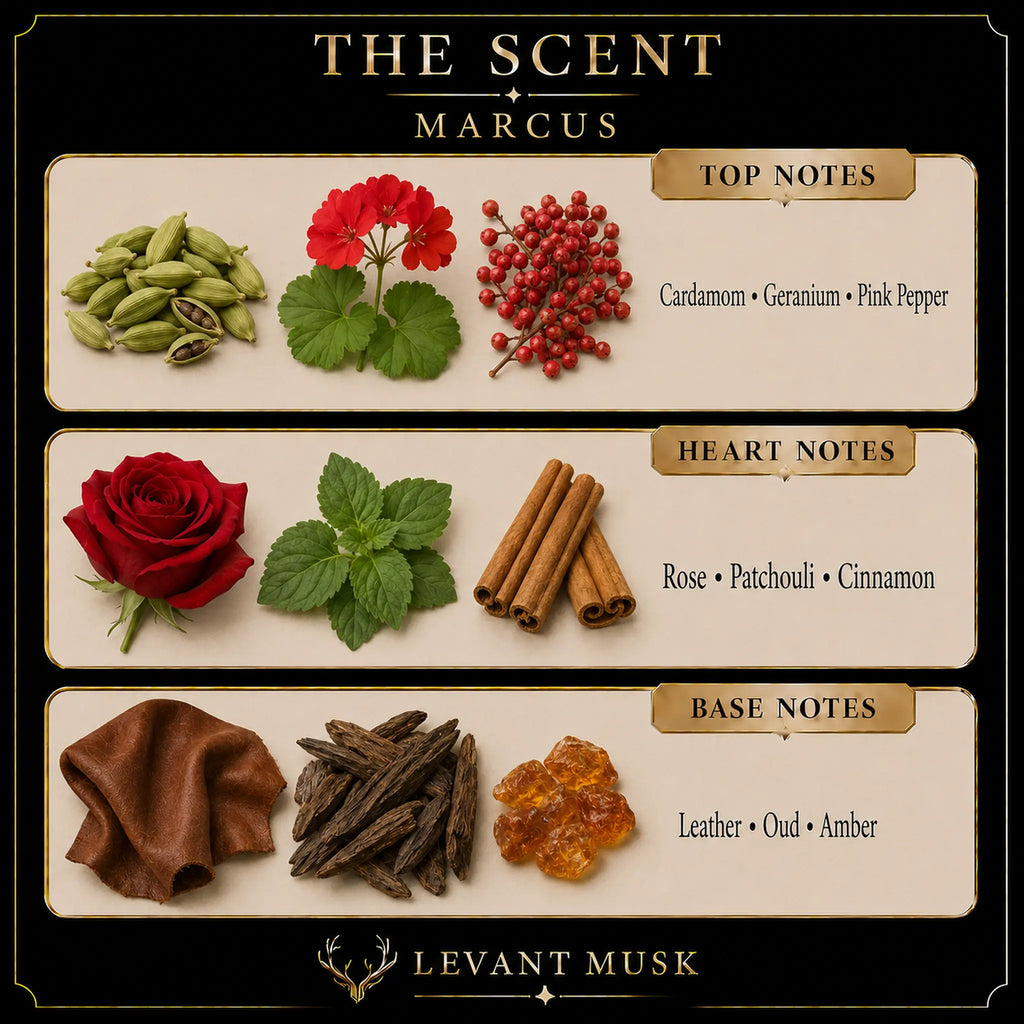 A fragrance notes graphic for 'The Scent Marcus' by Levant Musk, showing top, heart, and base notes with corresponding imagery: green beans and a red geranium for top notes, a red rose and mint with cinnamon sticks for heart notes, and brown leather, dried spices, and amber for base notes.