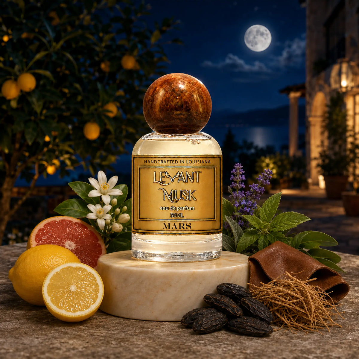 A perfume bottle labeled Mars,  by Levant Musk styled on a stone surface with lemons, grapefruit, flowers, herbs, and a leather strip against a nighttime outdoor backdrop with a full moon.