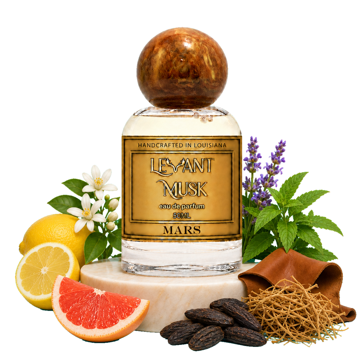 A bottle of MARS by Levant Musk Eau de Parfum 50ml, styled with its scent ingredients including lemons, grapefruit, green leaves, purple flowers, and spices on a white background.