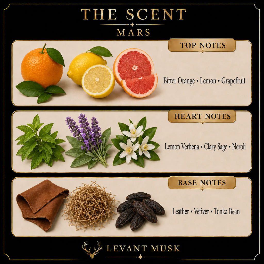 A branded scent profile graphic for Levant Musk's  eau de parfum' Mars' fragrance. The design features a black background with gold borders and text, displaying three horizontal cream-colored panels for 'Top Notes' (bitter orange, lemon, grapefruit), 'Heart Notes' (lemon verbena, clary sage, neroli), and 'Base Notes' (leather, vetiver, tonka bean) with corresponding illustrations.