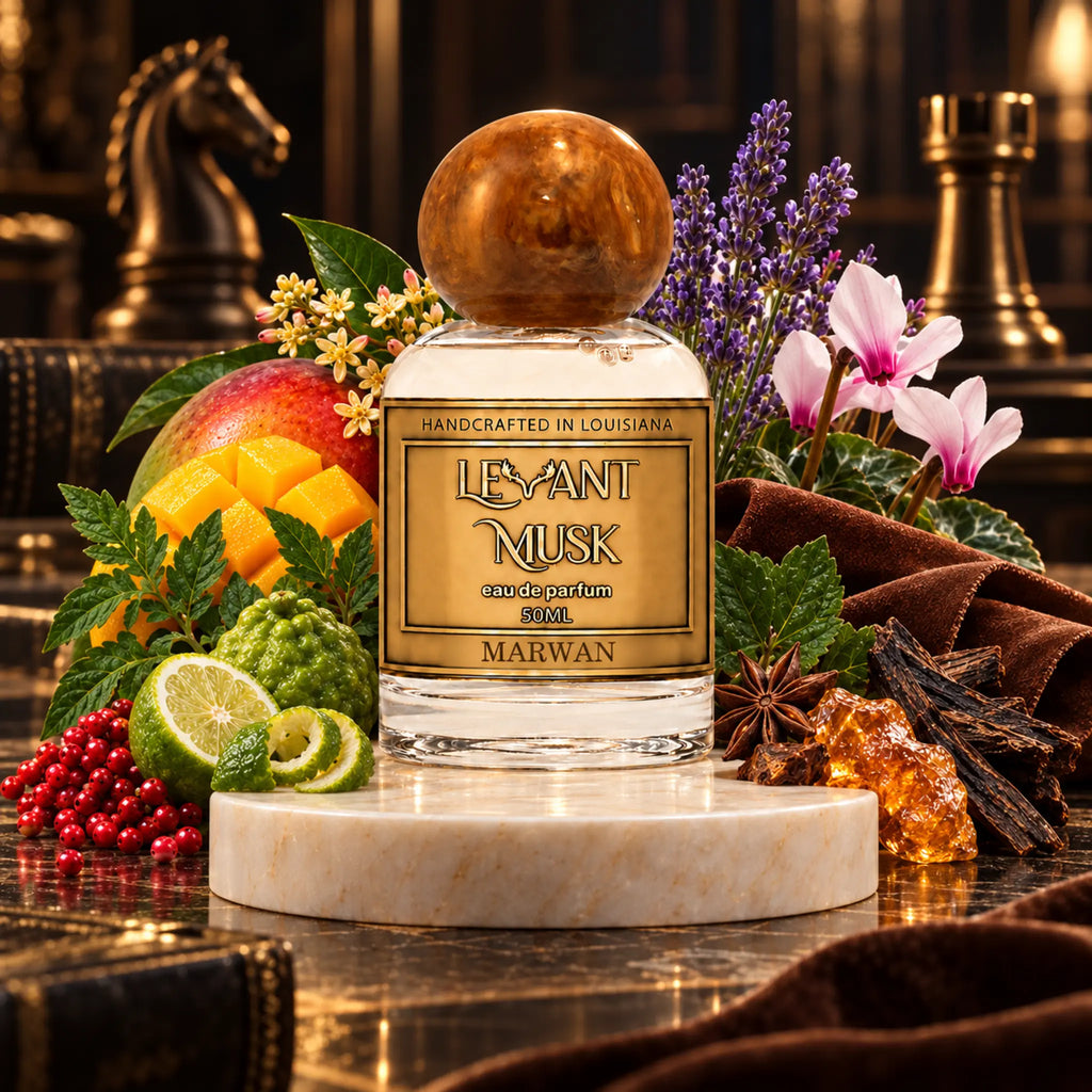 A perfume bottle labeled 'Levant Musk' by Marwan, styled on a marble pedestal with citrus fruits, flowers, spices, and dark fabric against a warm, dark background.