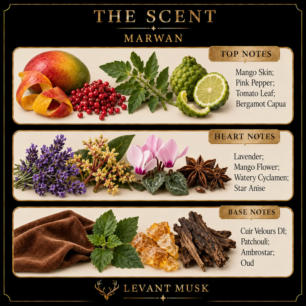 A fragrance notes graphic for 'The Scent Marwan' by Levant Musk, showing raw ingredient illustrations for top, heart, and base notes including mango, berries, green leaves, lavender, a pink flower, star anise, amber, and brown leather/cinnamon on a black and beige layout.