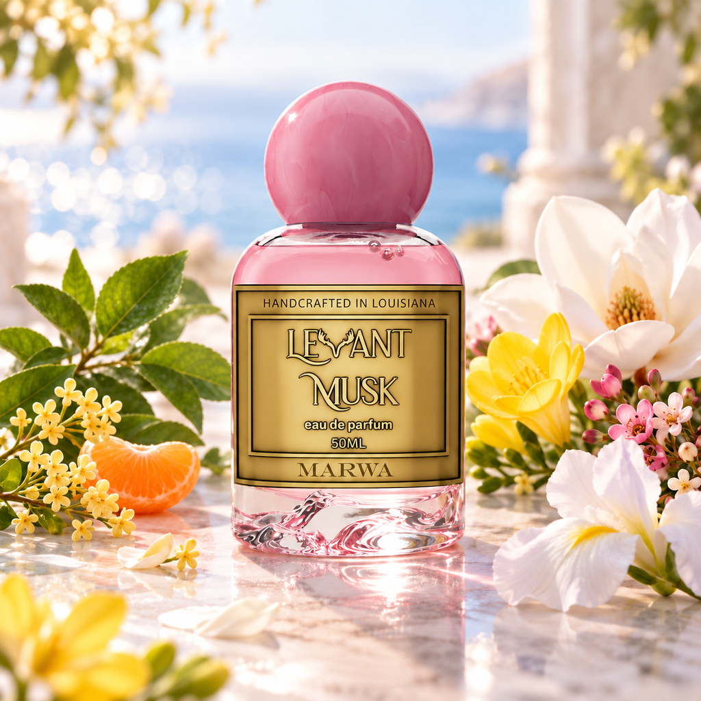 MARWA by Levant Musk fragrance scene: apple leaf, Mediterranean tangerine, osmanthus; yellow freesia, magnolia, boronia; musk and white iris.