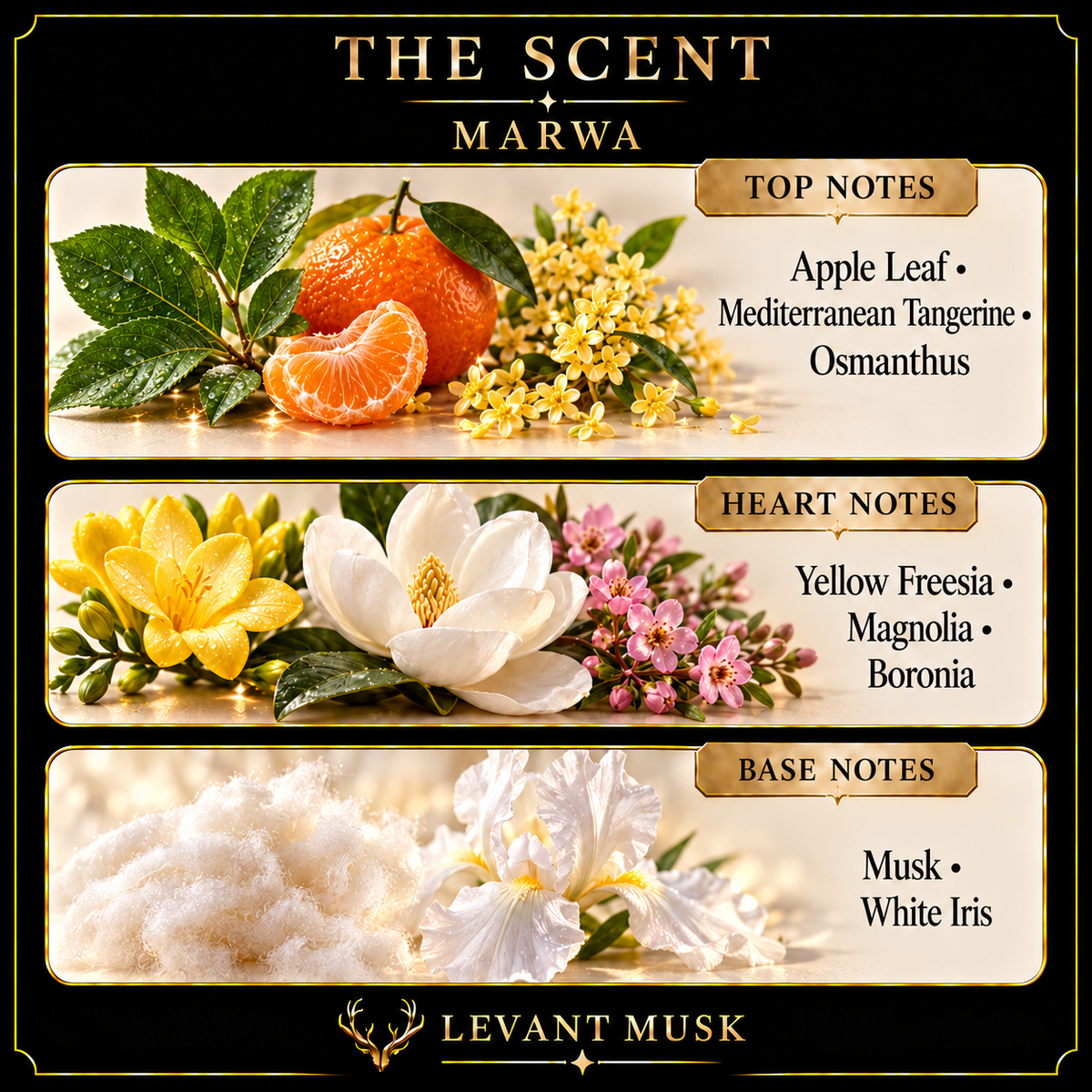 MARWA by Levant Musk scent notes: apple leaf, Mediterranean tangerine, osmanthus; yellow freesia, magnolia, boronia; musk and white iris.