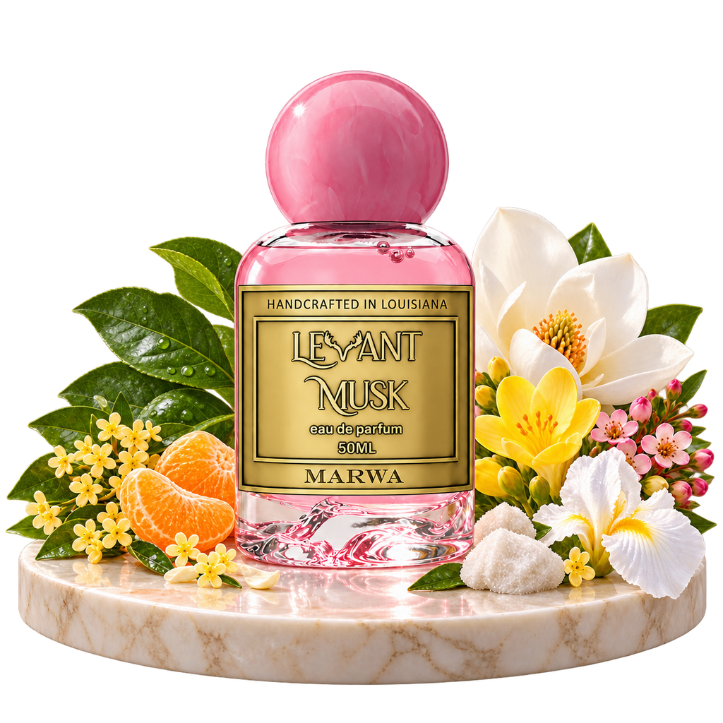 MARWA by Levant Musk bottle with notes on a transparent background: apple leaf, Mediterranean tangerine, osmanthus; yellow freesia, magnolia, boronia; musk and white iris.
