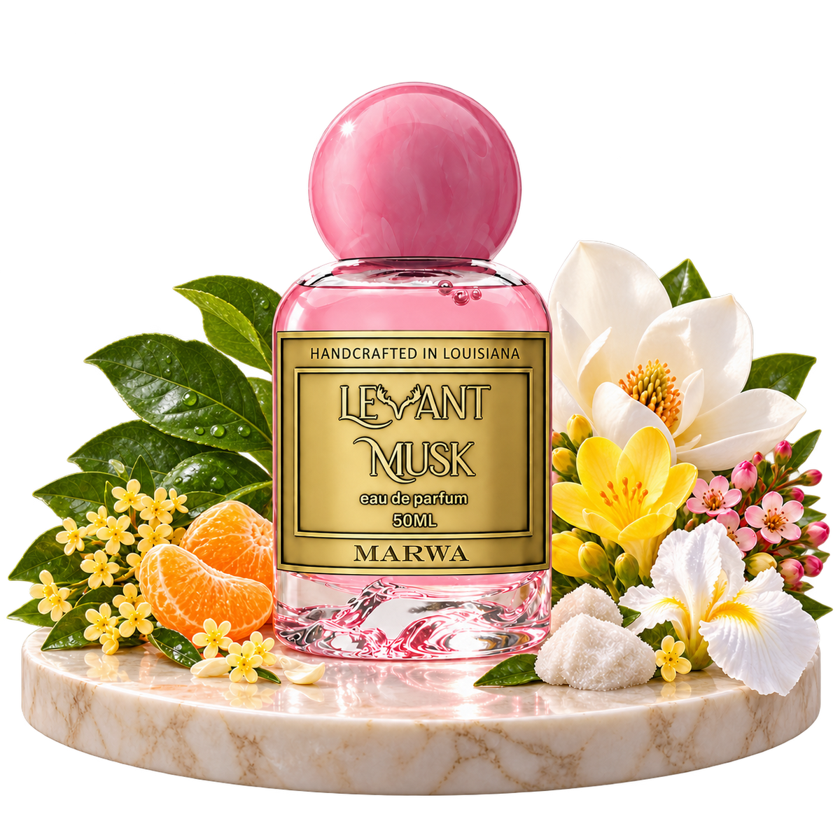 MARWA by Levant Musk bottle with notes on a transparent background: apple leaf, Mediterranean tangerine, osmanthus; yellow freesia, magnolia, boronia; musk and white iris.