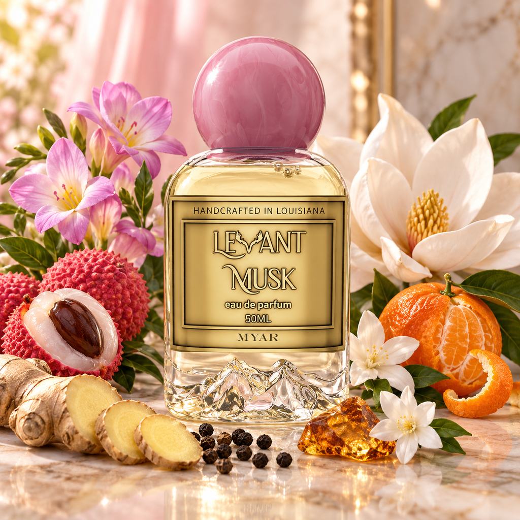 Levant Musk Myar perfume bottle styled with notes of lychee, magnolia, and amber.
