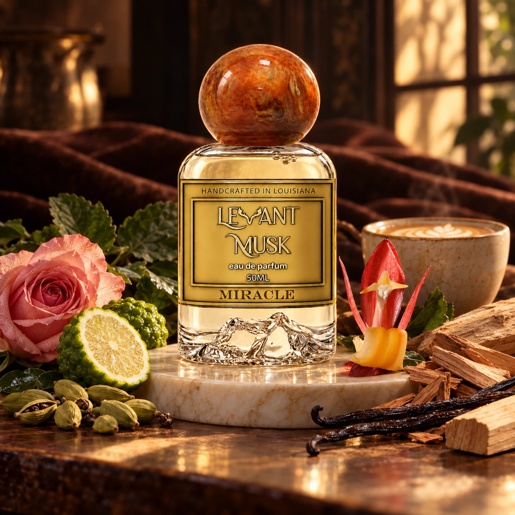 MIRACLE by Levant Musk on a marble pedestal with a warm atmospheric display inspired by its floral-woody scent profile.