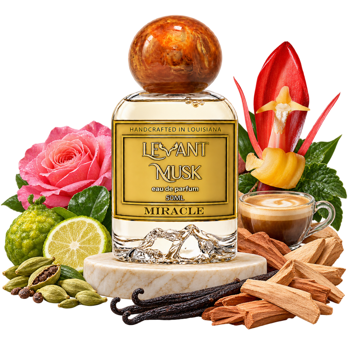 MIRACLE 50 mL Eau de Parfum bottle by Levant Musk on marble with fragrance-inspired notes, on a transparent background.