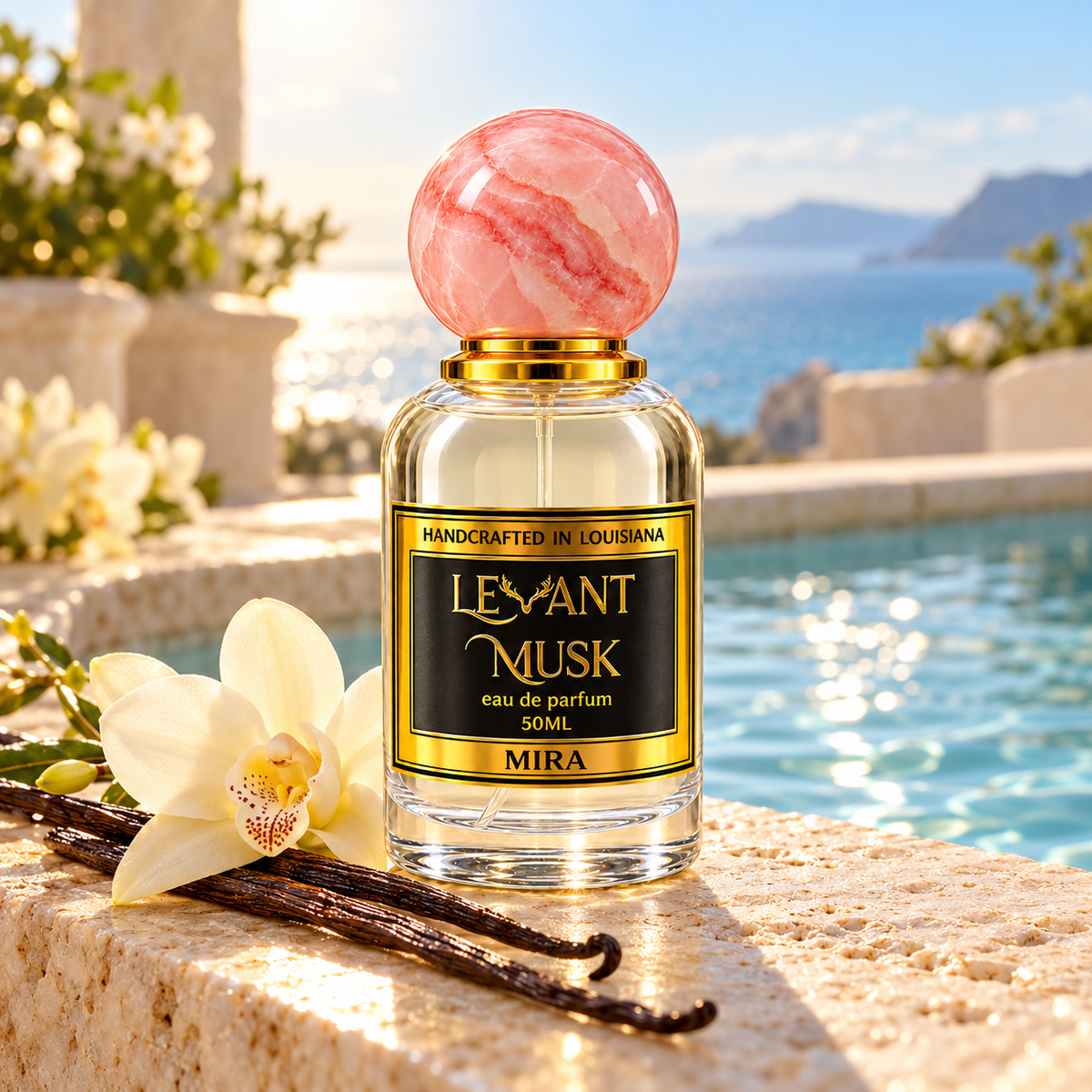 MIRA Levant Musk eau de parfum in a cinematic scent-inspired setting.