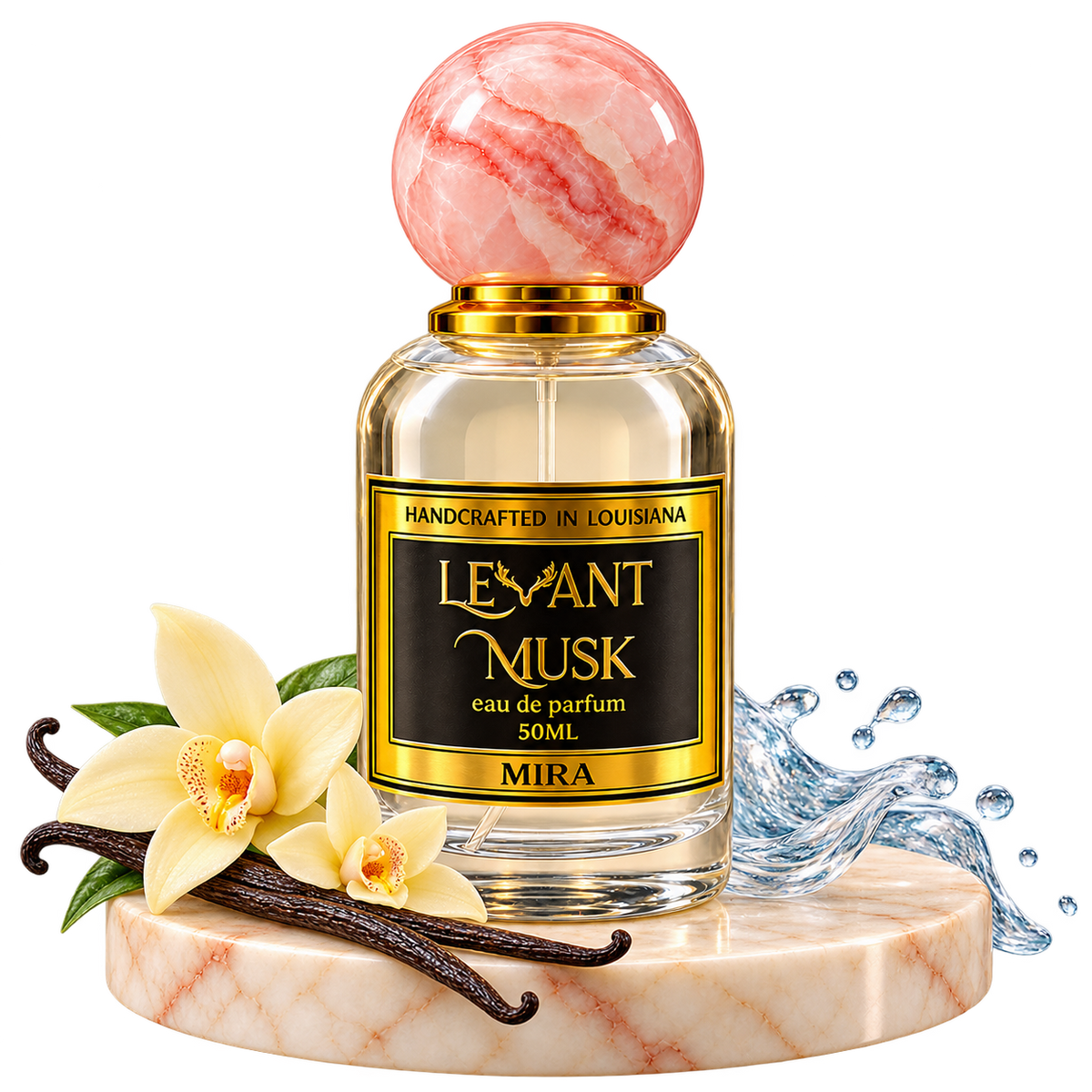 MIRA by Levant Musk surrounded by selected scent-note illustrations, transparent background.