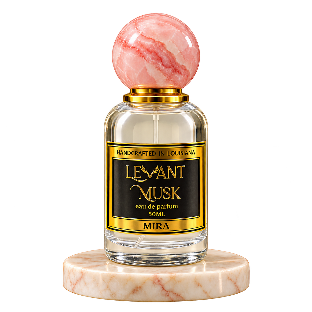 MIRA by Levant Musk, 50 mL eau de parfum with a pink marble cap on a cream marble plinth, transparent background.