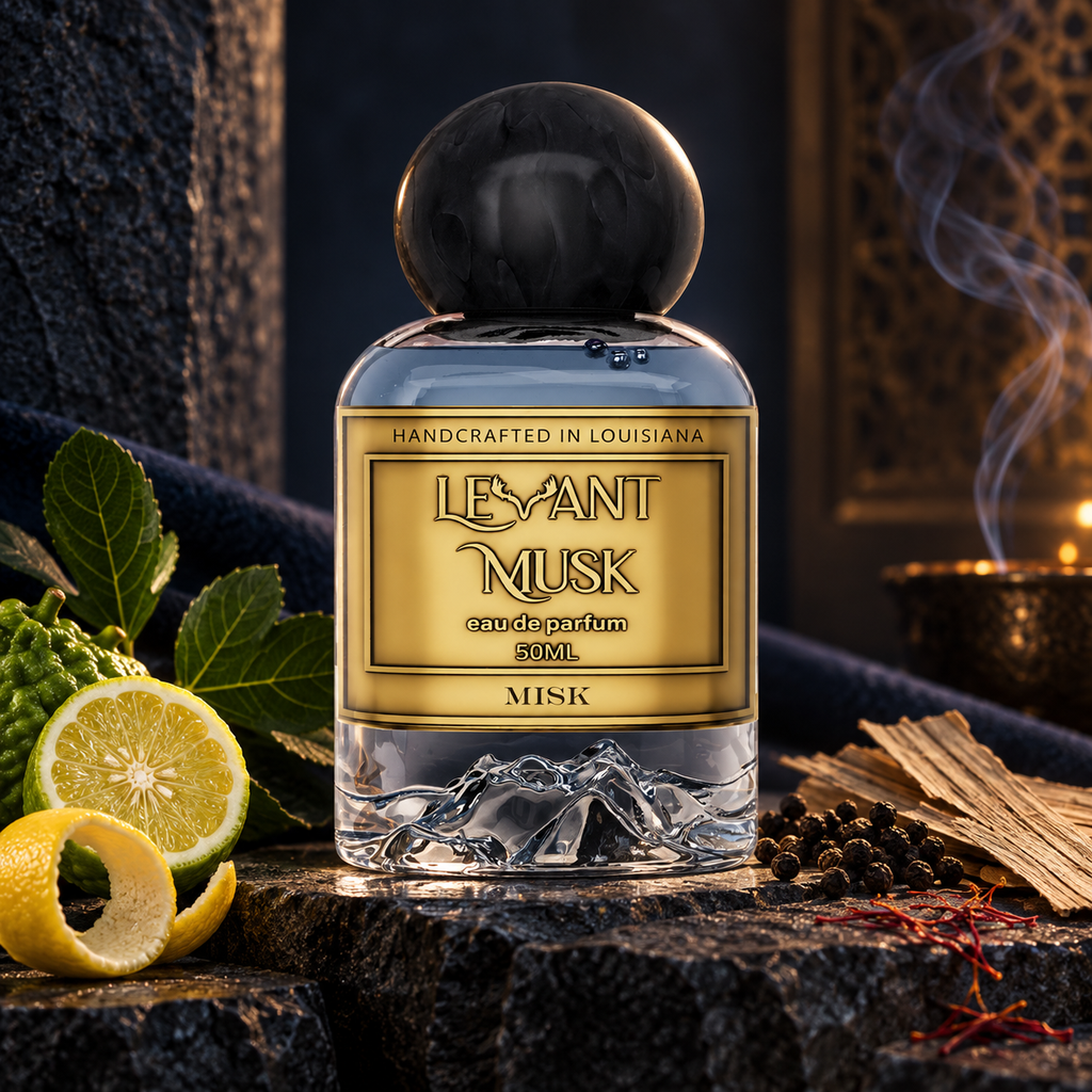 Levant Musk Misk perfume bottle styled with notes of calabrian bergamot, ambroxan, and incense.