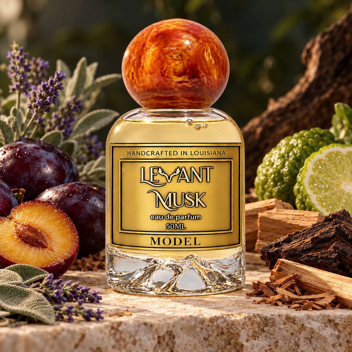 MODEL by Levant Musk with orange-gold cap in a warm botanical still life with plum and aromatic woods