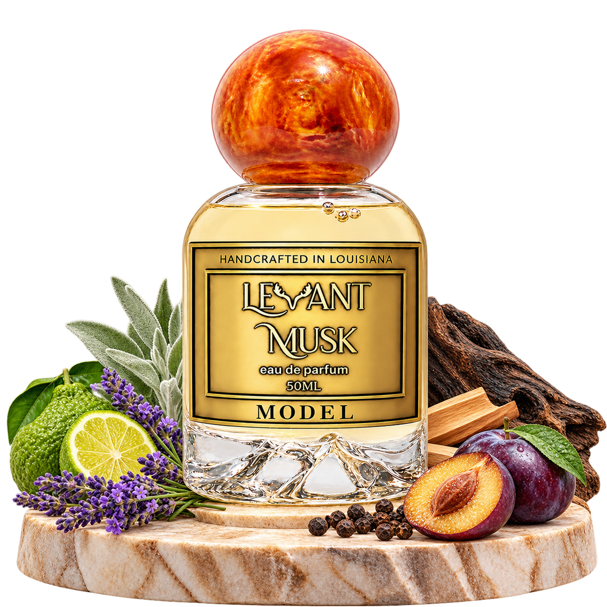 MODEL by Levant Musk with bergamot, white sage, lavender, plum, palo santo, black pepper, sandalwood and oud on a transparent background