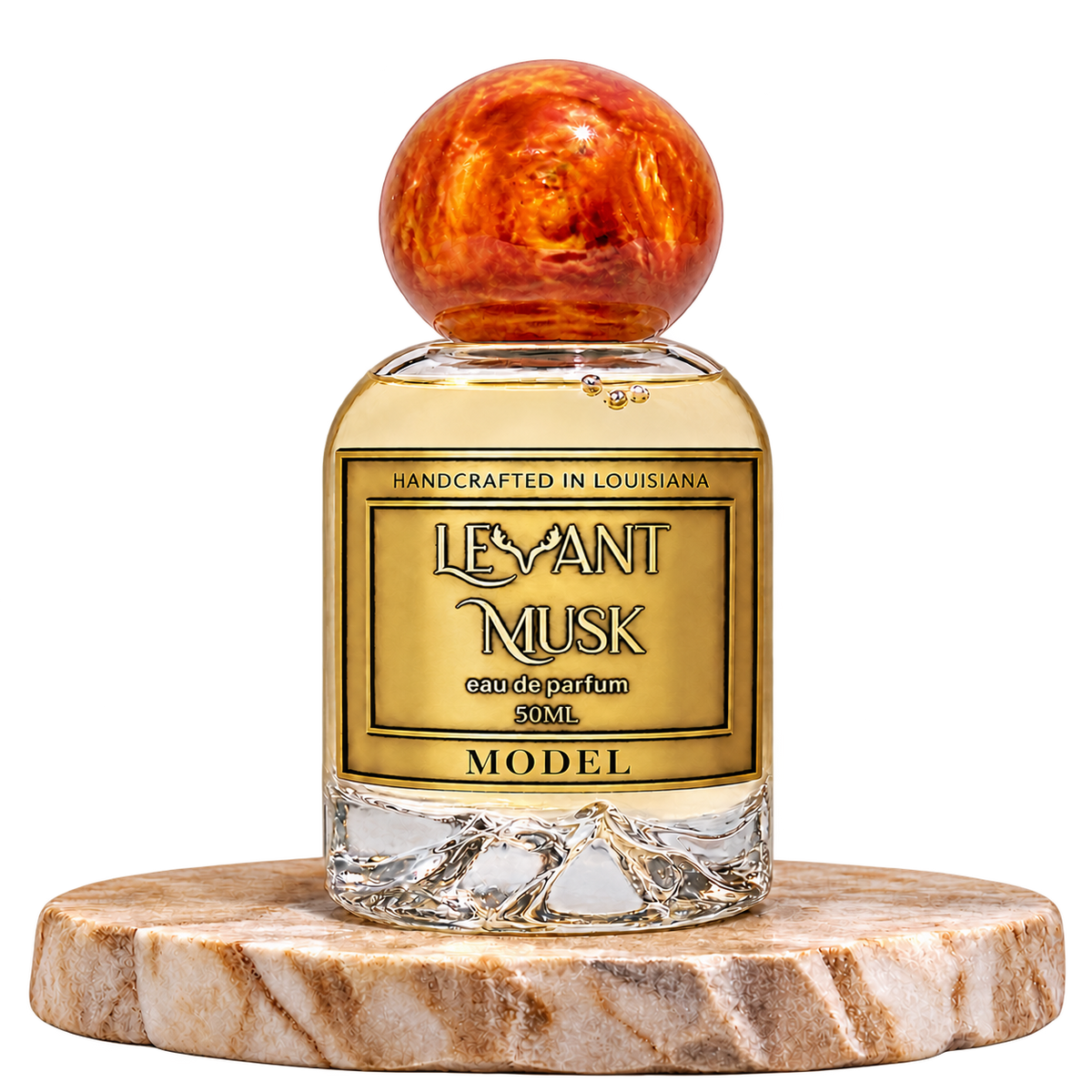 MODEL by Levant Musk, 50 mL unisex eau de parfum with orange-gold cap, on a transparent background