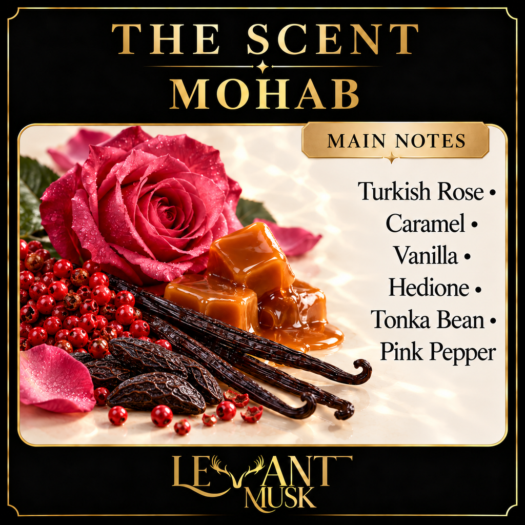 MOHAB Main Notes: Turkish Rose; Caramel; Vanilla; Hedione; Tonka Bean; Pink Pepper
